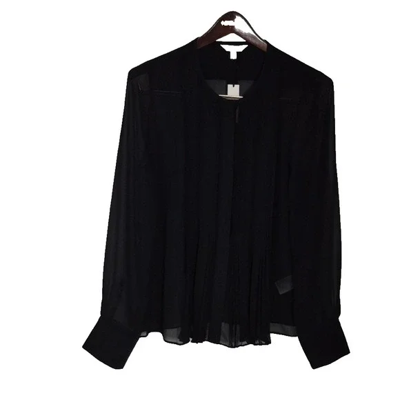 Banana Republic Blouse Womens MBlack Pleated Sheer Chiffon Long Sleeve Top - Picture 1 of 8